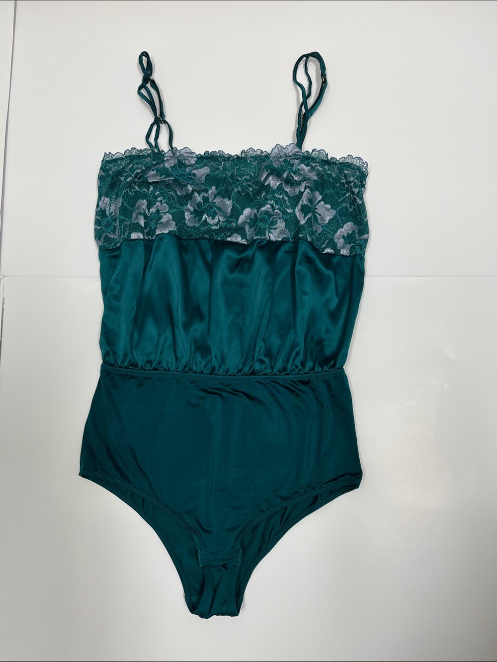 Auden Emerald Green Lace Trim Satin Bodysuit